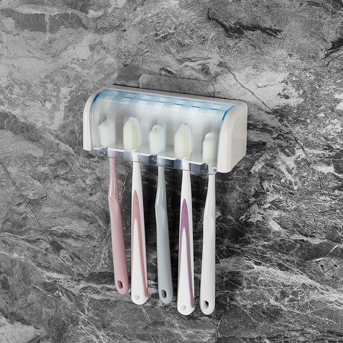 5 Slots Wall Mount Toothbrush Holder with Cover, Self Adhesive Toothbrush Storage Organizer for Shower, Toothbrush Hanger for Bathroom, Medicine Cabinet, Dorm(White + Blue)