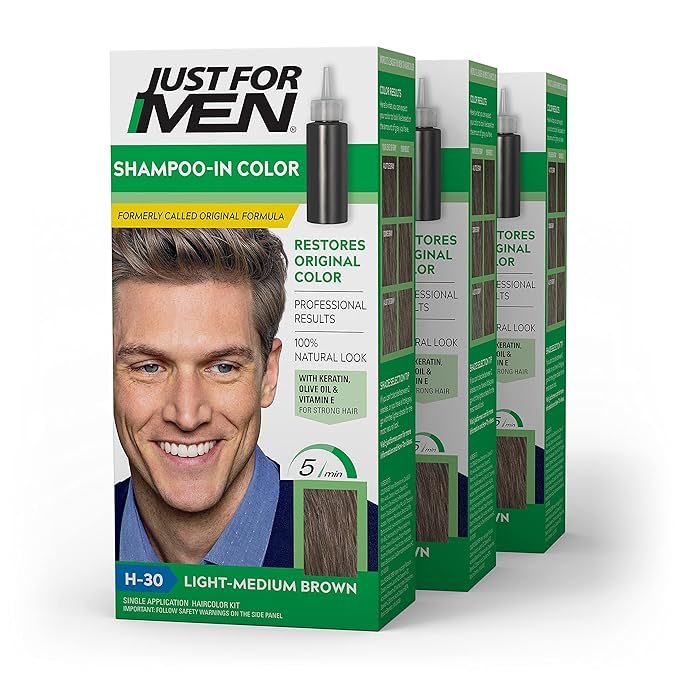 Just For Men Shampoo-In Color (Formerly Original Formula), Mens Hair Color with Keratin and Vitamin E for Stronger Hair - Light-Medium Brown, H-30, Pack of 3