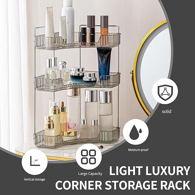 YCIA&DONE Corner Bathroom Counter Organizer, Makeup Organizer for Vanity, Skincare Cosmetic Perfume Tray, Corner Countertop Shelf Rack Storage for Bathroom Kitchen 3Tiers (Smoky Gray)