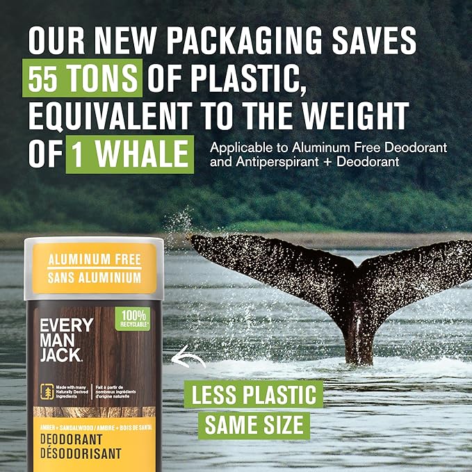 Every Man Jack Amber + Sandalwood Men’s Deodorant - Stay Fresh with Aluminum Free Deodorant For all Skin Types - Odor Crushing, Long Lasting, with Naturally Derived Ingredients - 3oz (2 Pack)