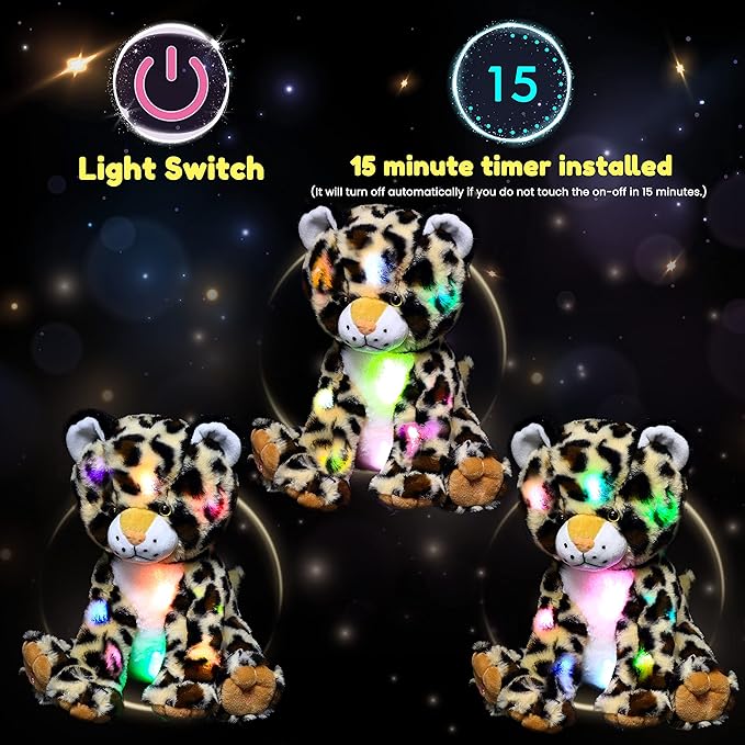 Hopearl LED Plush Leopard Lighting Up Stuffed Cheetah Jungle Wildlife Animal Floppy Night Lights Glow in The Dark Birthday Festival for Kids Toddler Boys, 11''