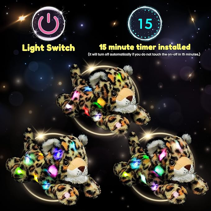 Hopearl LED Plush Leopard Lighting Up Stuffed Cheetah Jungle Animal Floppy Puppy Night Lights Glow in The Dark Birthday Festival for Kids Toddler Boys, 14''