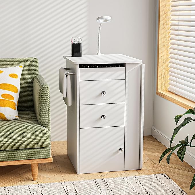 Foldable Nail Table with Dust Collector, Manicure Desk for Nail Tech, with LED Lamp, Wrist Rest, Rolling Nail Table for Salon, Home Beauty Workstation, Compact Nail Station with Storage (White)