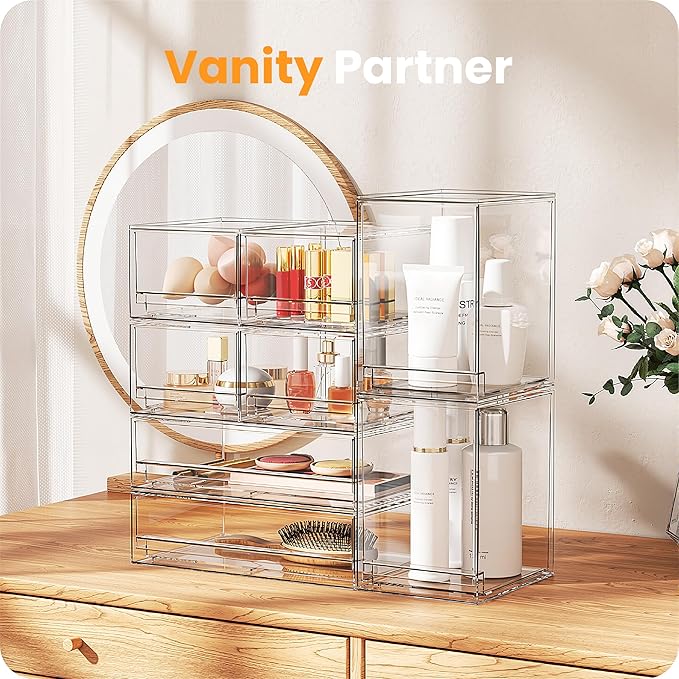 A-LuGei 【𝟮𝗣𝗖𝗦】 Acrylic Stackable Storage Drawers, 7.5" L Makeup Organizer, Bathroom Organizer and Storage, Plastic Storage Bins for Kitchen Cabinet Pantry Medicine Fridge