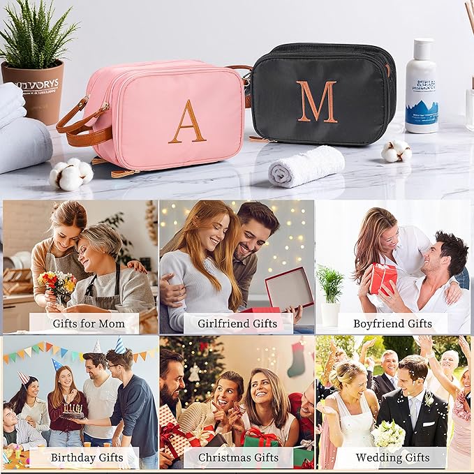 YOOLIFE Birthday Gifts for Women Teen Girls - Pink Initial Toiletry Bag Travel Makeup Bag, Christmas Gifts for Mom Grandma Women Teen Girls Girlfriend Sister Daughter Birthday Gift Letter M Pink