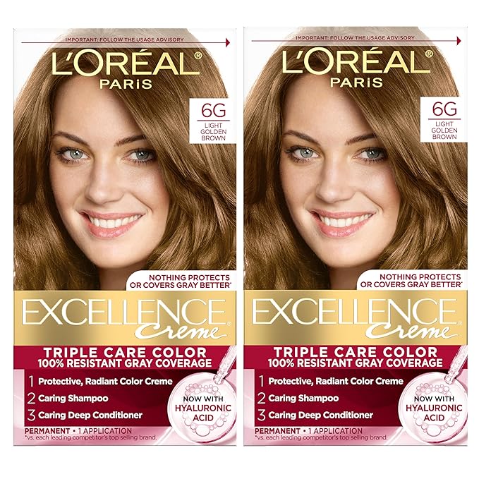 L'Oreal Paris Excellence Crème Permanent Hair Dye, Triple Care Hair Color with Pro-Keratine Complex for 100% Gray Hair Coverage, 6G Light Golden Brown, 1 Kit (Pack of 2)