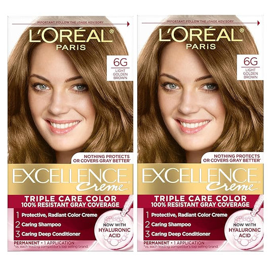 L'Oreal Paris Excellence Crème Permanent Hair Dye, Triple Care Hair Color with Pro-Keratine Complex for 100% Gray Hair Coverage, 6G Light Golden Brown, 1 Kit (Pack of 2)