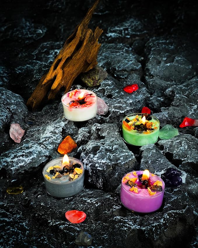Tealight Soy Candles with Crystals and Herbs, Handmade Energy Candles, Aromatherapy Candles. (Mixed)