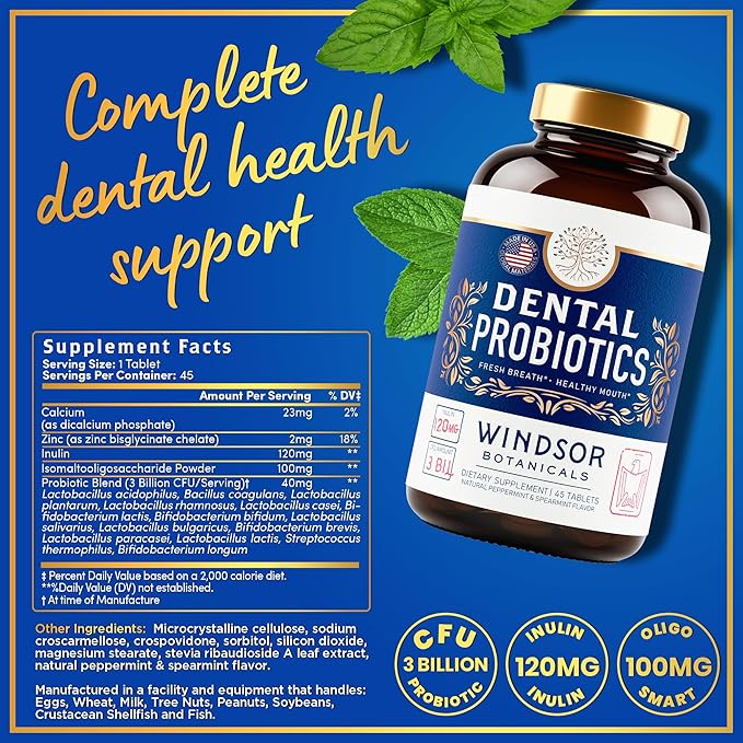 Oral Probiotics for Teeth and Gums - 3BN CFU Lactobacillus Salivarius, Paracasei, K12 Pro B, Inulin Dental Probiotics for Bad Breath Treatment, Gum Health - 90 Best Breath Oral Probiotic Mint Tablets