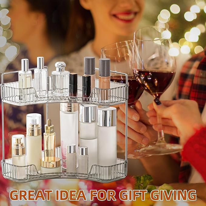 YCIA&DONE Corner Bathroom Counter Organizer, Makeup Organizer for Vanity, Skincare Cosmetic Perfume Tray, Corner Countertop Shelf Rack Storage for Bathroom Kitchen 2 Tiers (Smoky Gray)