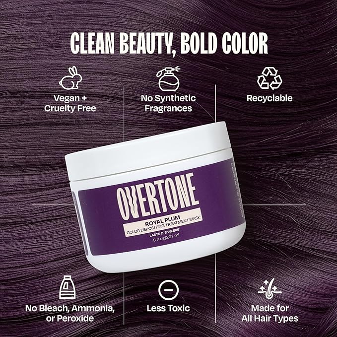 Overtone Semi Permanent Hair Color Conditioner, Royal Plum, 8 oz, Nourishing, Damage-Free, Color Depositing Mask for All Hair Types with Shea Butter & Coconut Oil, Vegan & Cruelty-Free