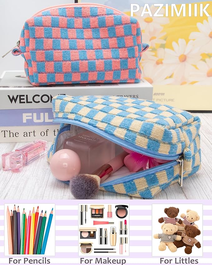 PAZIMIIK 2PCS Checkered Makeup Bag for Purse Portable Zipper Make Up Pouch Small Cosmetic Case for Travel Accessories Blue Beige