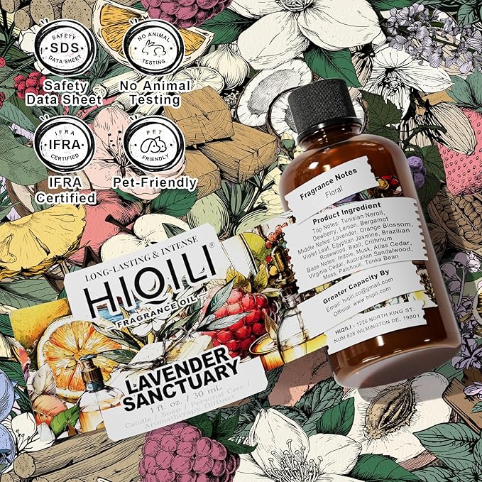 HIQILI Lavender Sanctuary Fragrance Oil for Diffuser, Candle & Soap & Perfume Making, for Hotel and Home, Essential Oil, Long-Lasting Aroma - 1fl oz