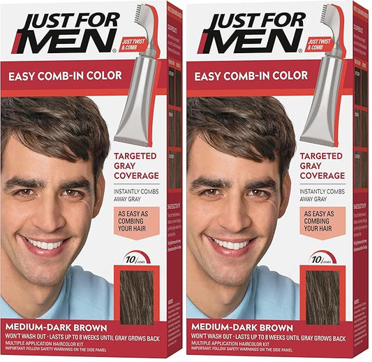 Just For Men Easy Comb-In Color Mens Hair Dye, Easy No Mix Application with Comb Applicator - Medium-Dark Brown, A-40, Pack of 2