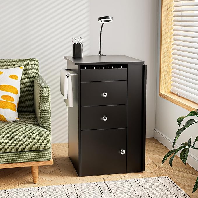 Foldable Nail Table with Dust Collector, Manicure Desk for Nail Tech,with LED Lamp, Wrist Rest, Rolling Nail Table for Salon, Home Beauty Workstation, Compact Nail Station with Storage (Black)