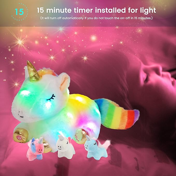 Hopearl LED Plush Unicorn Lighting Up Stuffed Mommy Unicorn with 3 Baby Unicorns in her Tummy Floppy Stuffed Animal Playset Night Lights Glow in The Dark Gifts for Kids Toddler Girls, White, 19''