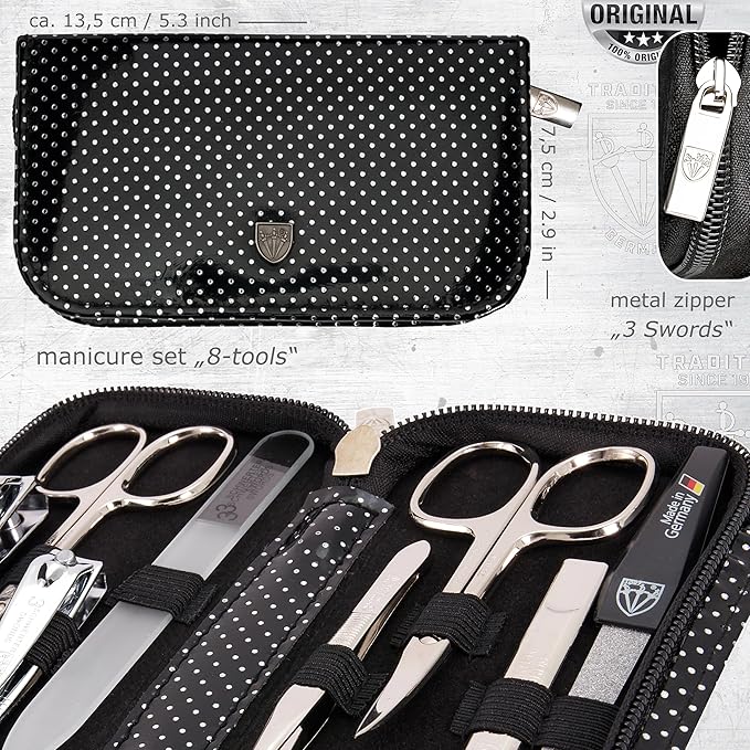 3 Swords Germany - brand quality 8 piece manicure pedicure grooming kit set synthetic leather case black silver spots - Made in Germany