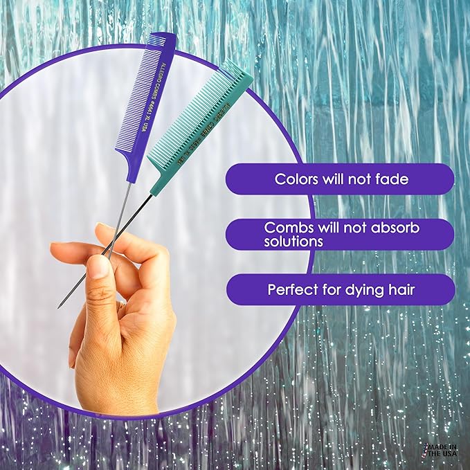 Allegro XL Pintail Rat Tail & Parting Combs - Metal Tail Foiling & Pin Combs (2 Pc., Purple & Mint)