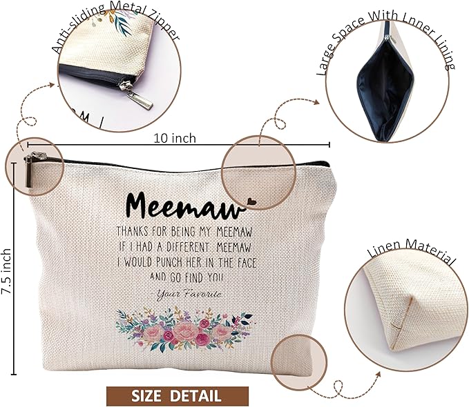 Funny Meemaw Gifts Makeup Cosmetic Bag - Memaw Mothers Day Gift, Memaw Grandma Gifts from Grandkids, Memaw Birthday Gifts, Best Grandma Gifts, Meemaw Floral Small Makeup Bag for Purse