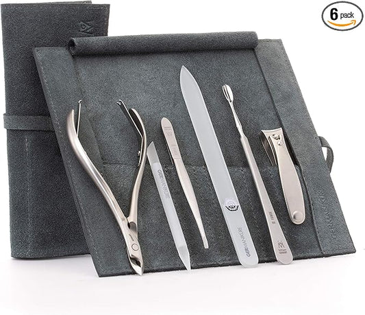 GERMANIKURE 6pc Manicure Set in Gray Suede Case - FINOX Stainless Steel Tools Made in Germany, Glass Nail Care Supplies Made in Czech Republic – Professional Cuticle and Nail Care Kit
