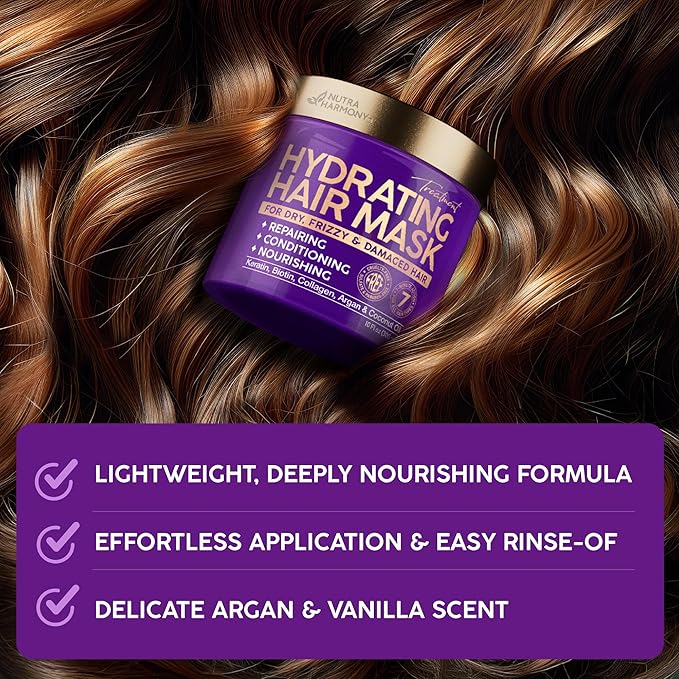 Deep Conditioning Hair Mask for Damaged & Dry – After Hair Relaxer Keratin Treatment for Curly & Color-Treated – Anti-Frizz & Split Ends Repair with Collagen, Biotin, Argan & Coconut Oils – 10 oz