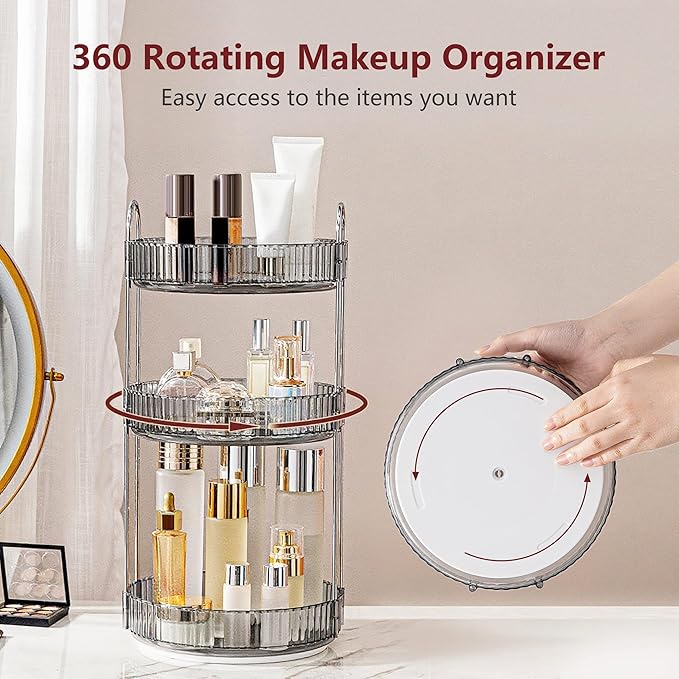 360° Rotating Makeup Organizer, Bathroom Make Up Spinning Holder Rack, Large Capacity Cosmetics Storage Vanity Shelf Countertop, Fits Cosmetics, Perfume, Skincare, Lipsticks(3 Tiers, Gray)