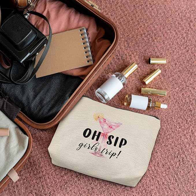 Pink Bow Martini Makeup Bag, Gifts for Martini Cocktail Lovers Cosmetic Bags, Best Friend Bestie BFF Gifts for Women, Preppy Cocktail Makeup Zipper Pouch