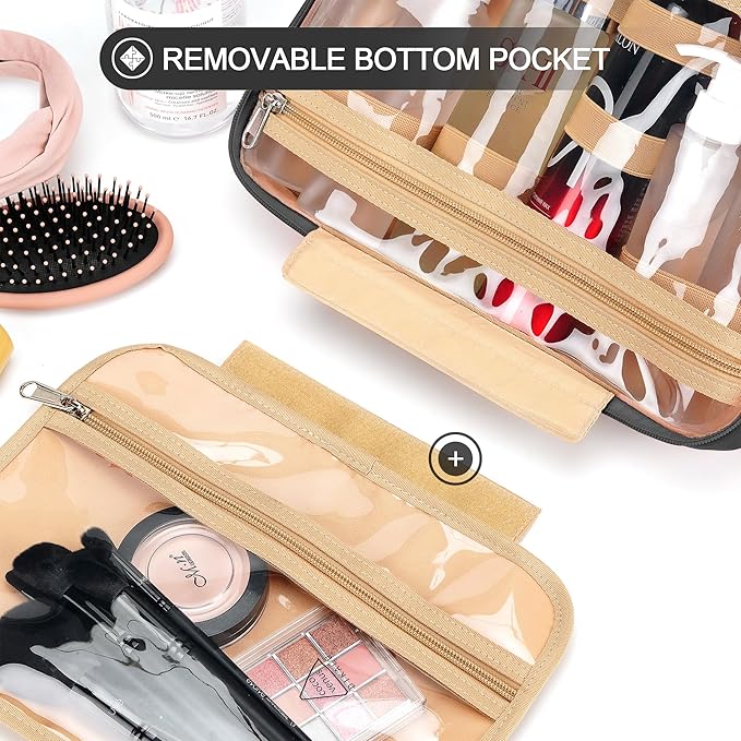 Travel Hanging Toiletry Bag for Women, with Jewelry Organizer Compartment, Medium Waterproof Hanging Makeup Accessories, Cosmetic Essentials, Toiletries Dopp Kit Set with Trolley Belt, Black