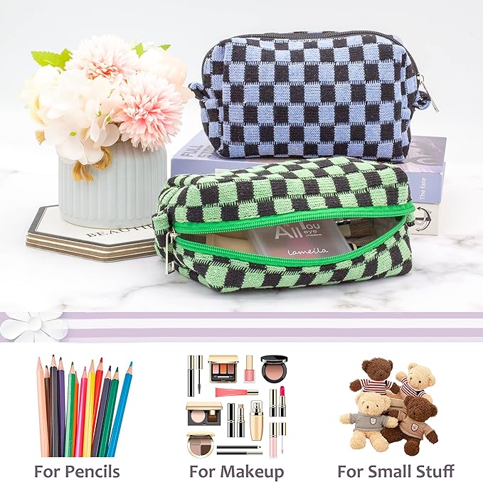 PAZIMIIK Checkered Makeup Bag for Purse Portable Zipper Make Up Pouch Small Cosmetic Case for Travel Accessories (2PCS Green Blue)