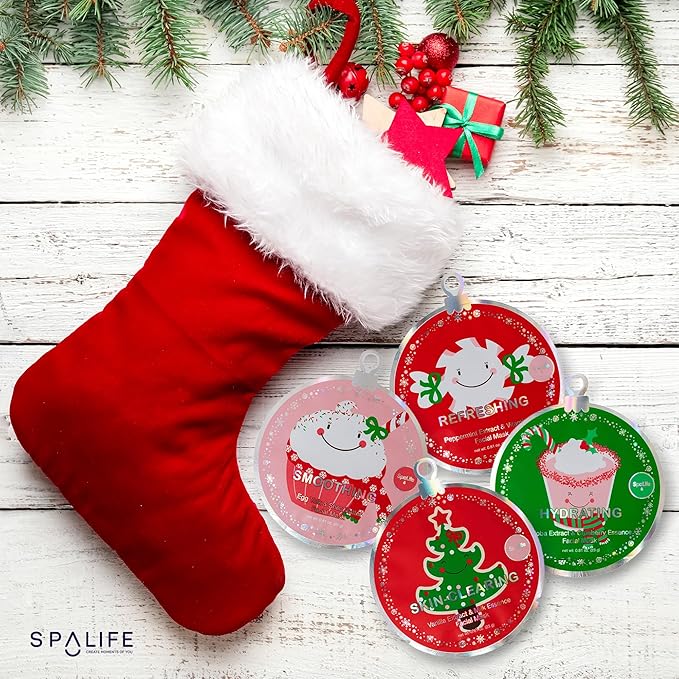 SpaLife Beauty Stocking Stuffers Christmas Face Mask Bundle | Korean Facial Masks | Hydrating, Smoothing, Refreshing and Clarifying Sheet Mask Set | Christmas Stocking Stuffers for Women | 12 Pack