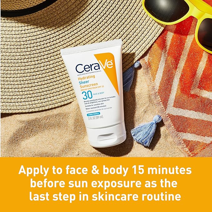 CeraVe Hydrating Sheer Sunscreen with SPF 30 for Face and Body, Mineral & Chemical Sunscreen for Men & Women with Zinc Oxide, Hyaluronic Acid and Ceramides, Paraben-Free + Fragrance-Free, 5 Ounces