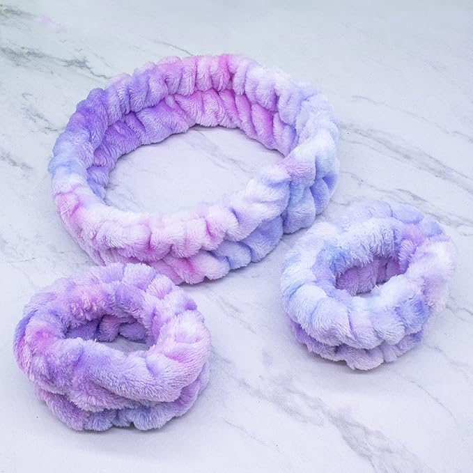 FROG SAC Puffy Spa Headband and Wristbands for Face Washing, Fuzzy Skincare Headbands for Women, Soft Makeup Skin Care Hair Accessories for Girls, Make Up Hair Band (Tie Dye)
