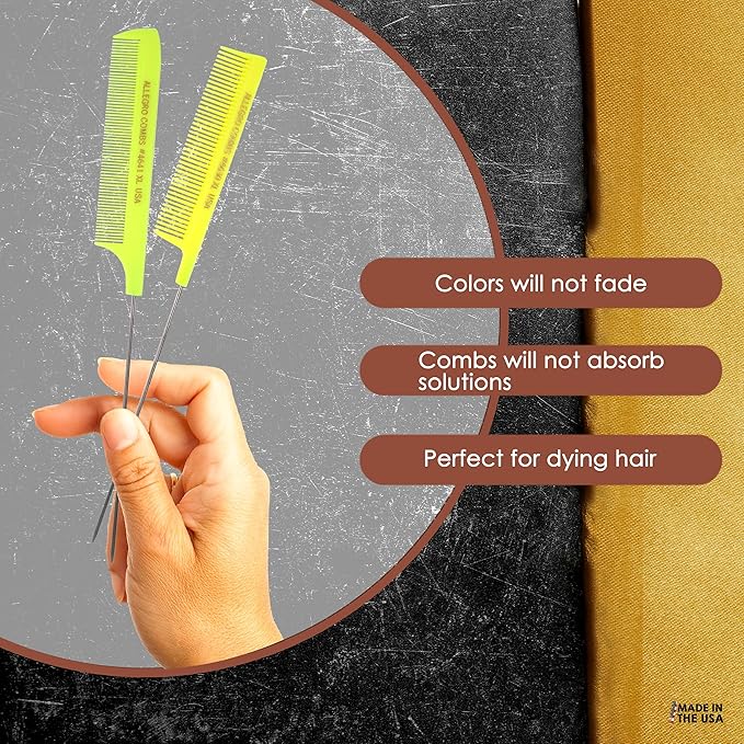 Allegro XL Pintail Rat Tail & Parting Combs - Metal Tail Foiling & Pin Combs for Stitch Braids - 2 Pc. (Neon Yellow)