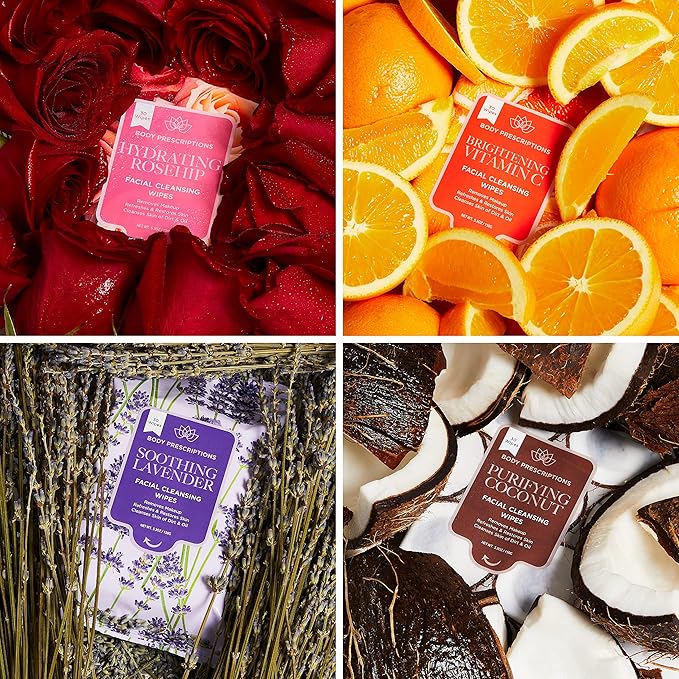 Body Prescriptions Makeup Remover Wipes - Bulk Pack, Gentle Cleansing Wipes for Easy Makeup Removal, Mint, Rosehip, Vitamin C, Lavender & Coconut