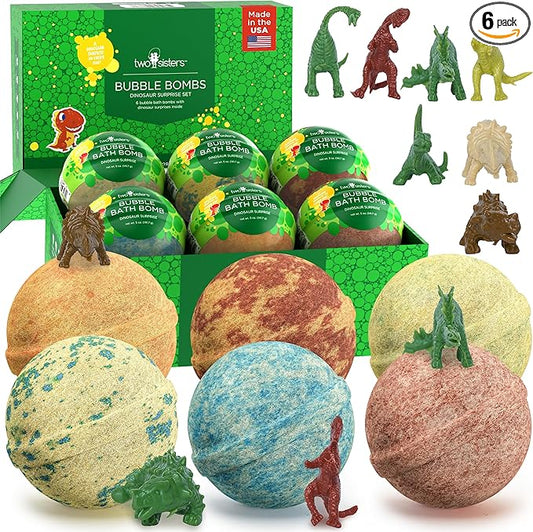 Dinosaur Bath Bombs for Kids with Surprise Dino Toys Inside (6 Pack) - Large Bubble Bath Bombs for Boys and Girls - USA Made, Fruity Scents, Children and Teen Gift Ideas by Two Sisters