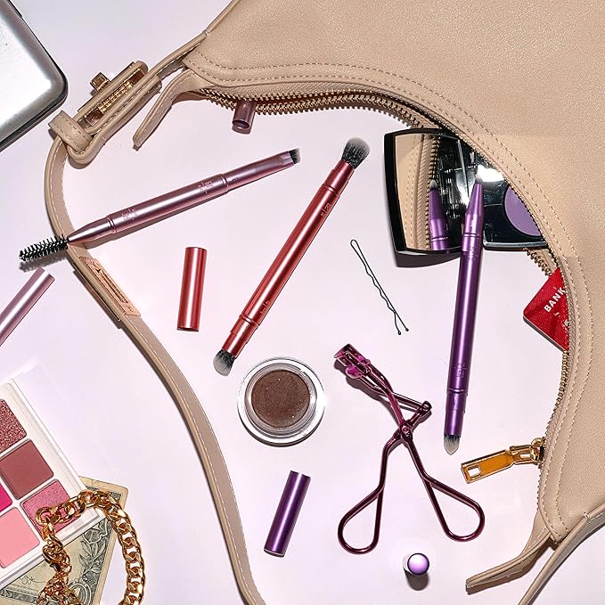 Real Techniques Double Time Brush + Lash 4 Piece Set, Dual-Ended Eye Makeup Brushes For Eyeshadow & Brows, Travel-Friendly Brush Caps For Storage, Eyelash Curler Included, Cruelty-Free