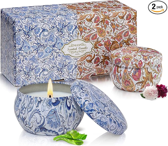 2 Pack Scented Candles, 2.5 oz Aromatherapy Candles for Home Scented, Natural Soy Candles with Floral Scents, Portable Small Jar Candle Set for Travel, Spa, Bath, Home Decor Tin Candle Pack